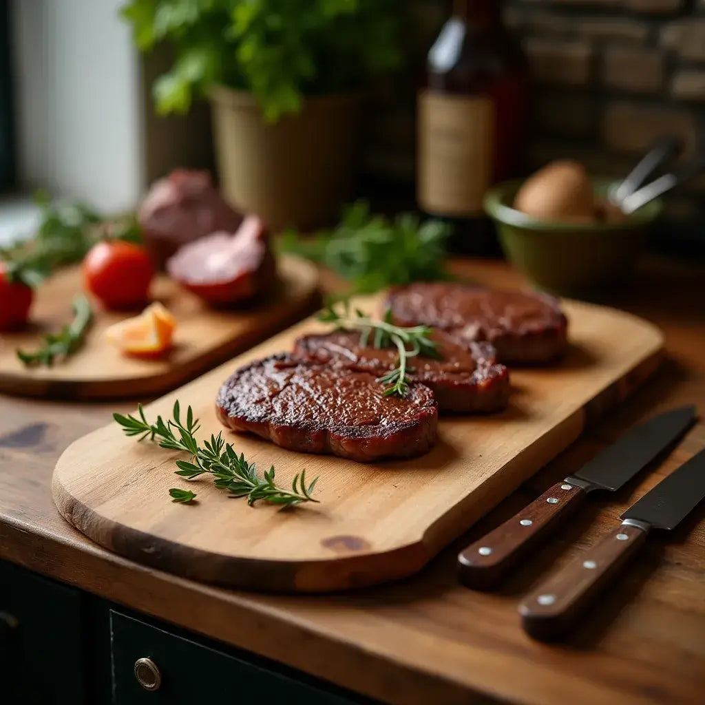 Deux steaks de bœuf parfaitement cuits au romarin sur une planche en bois d'orme faite à la main.