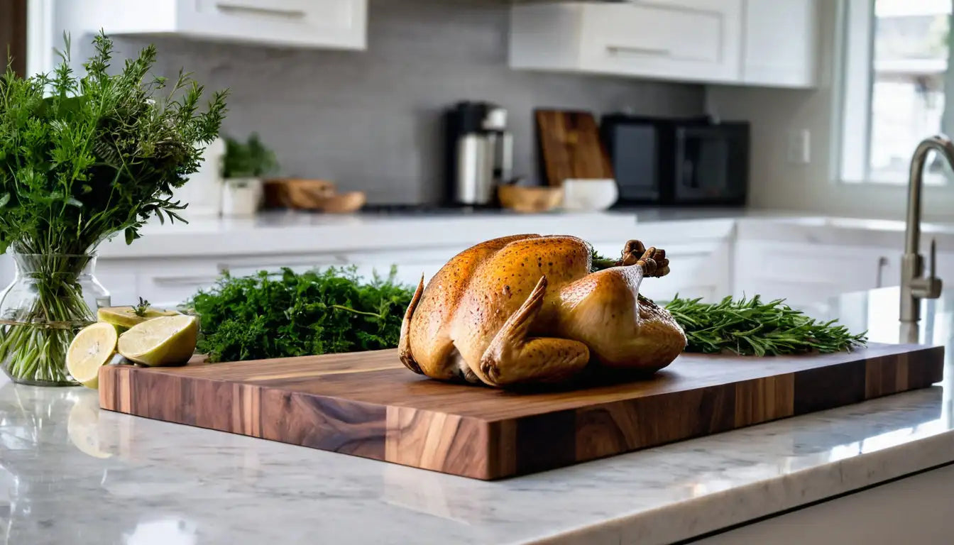 Holzschneidebrett mit gebratenem Hähnchen und Kräutern.