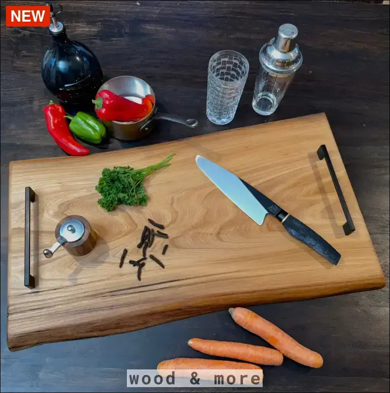 Elm wood cutting board beautifully arranged with knife and cooking ingredients.