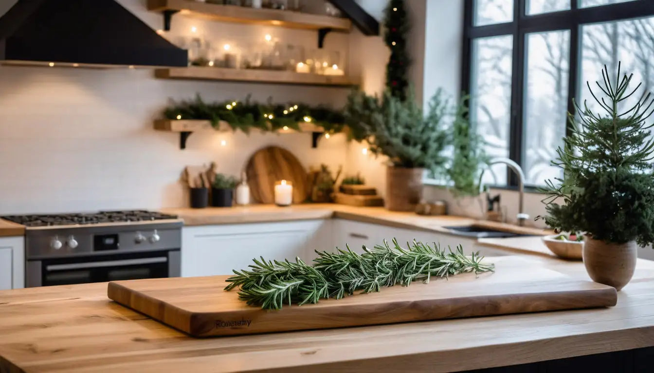 Holzschneidebrett mit Rosmarinzweigen darauf.