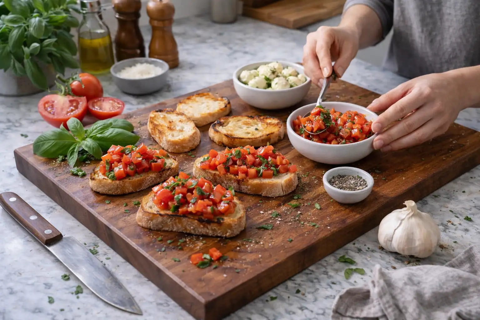 Holzschneidebrett mit rustikaler Oberfläche, das mehrere Scheiben gerösteten Brots trägt, belegt mit einem farbenfrohen Tomaten- und Kräutersalat.