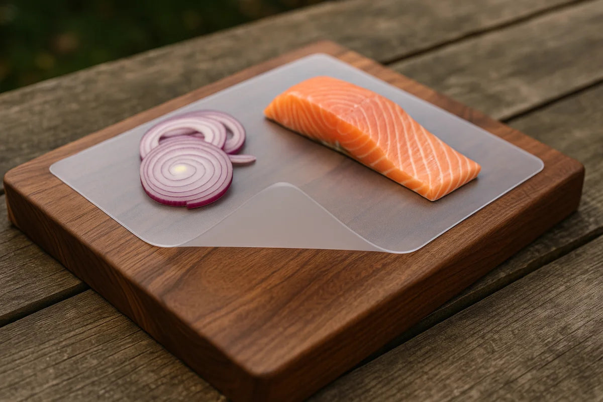 Transparentes Hygiene Pad auf Holzbrett, ideal für rohes Fleisch und Fisch