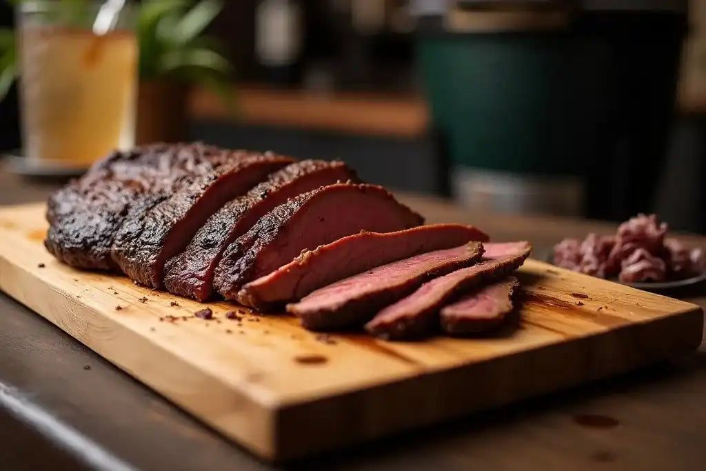 In Scheiben geschnittenes Rindfleischbraten medium-rare auf einem Holzschneidebrett.