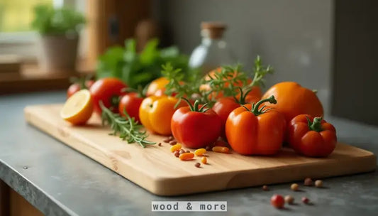Frische rote und orange Tomaten auf einem Holz Schneidebrett für Arbeitsplatte