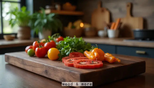 Frische Tomaten und Kräuter auf einem hochwertigen Schneidebrett aus Nussbaum mit Saftrille