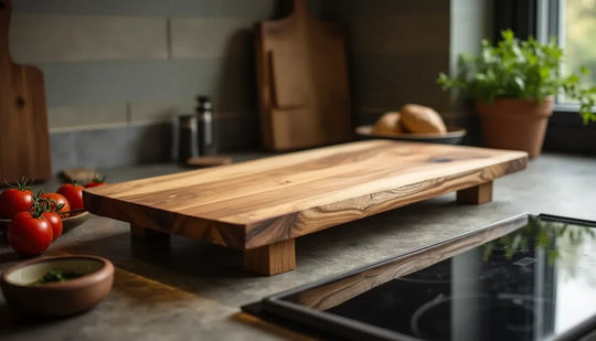 Individuelles Holz Schneidebrett Ulme & Servierbrett Holz massiv groß mit Saftrille & Griffen