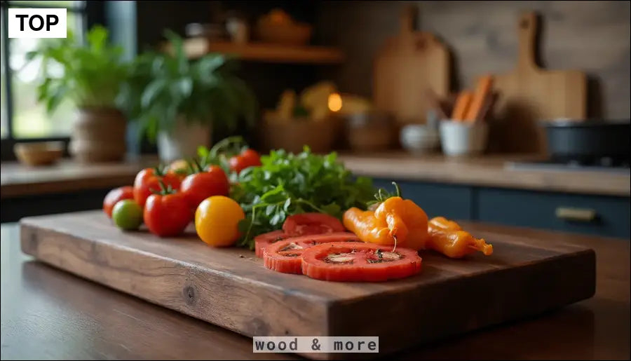 Frische Tomaten und Kräuter auf einem individuellen Holzbrett aus massivem Nussbaum