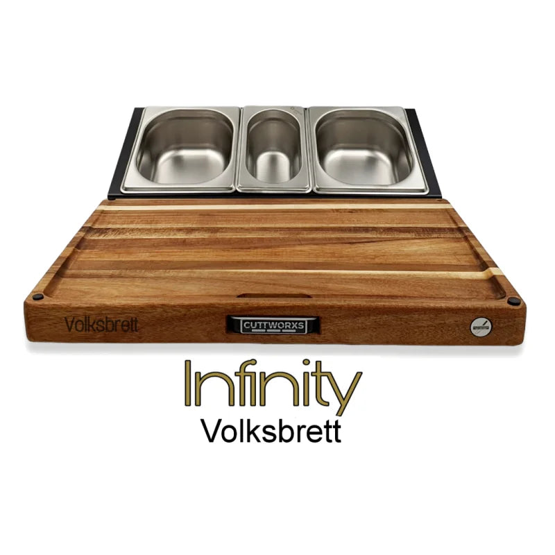 Holzschneidebrett mit Metallbehältern und Cuttworxs Infinity Volksbrett Branding