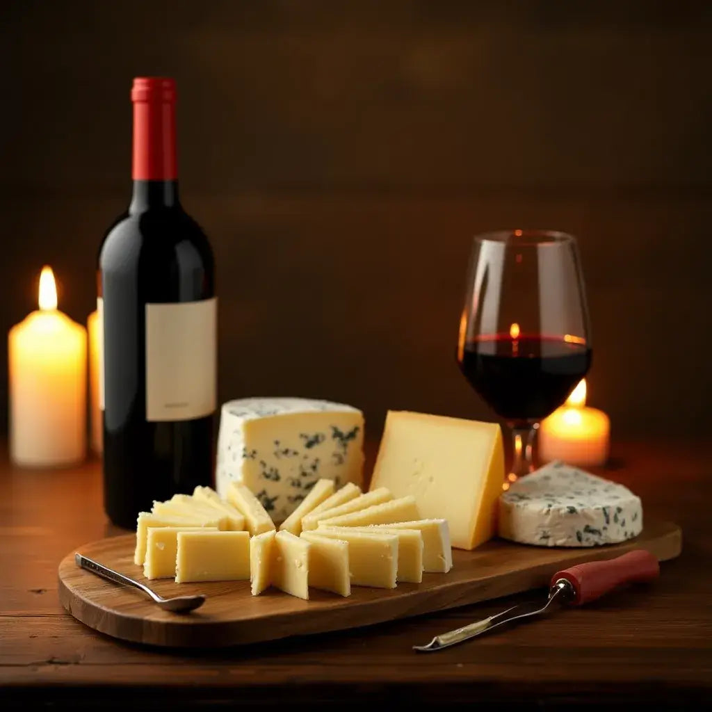 Plateau de fromages en bois d'érable, vin et bougies pour une expérience de dîner confortable.