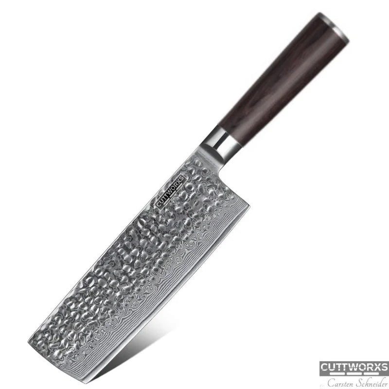 Nakirimesser aus Damaststahl mit VG10-Kern und geflammtem Rosenholzgriff – freigestellt auf weißem Hintergrund