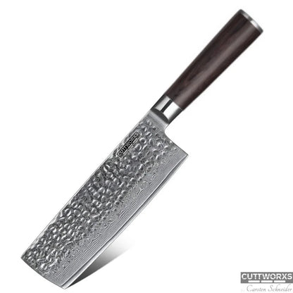 Nakirimesser aus Damaststahl mit VG10-Kern und geflammtem Rosenholzgriff – freigestellt auf weißem Hintergrund