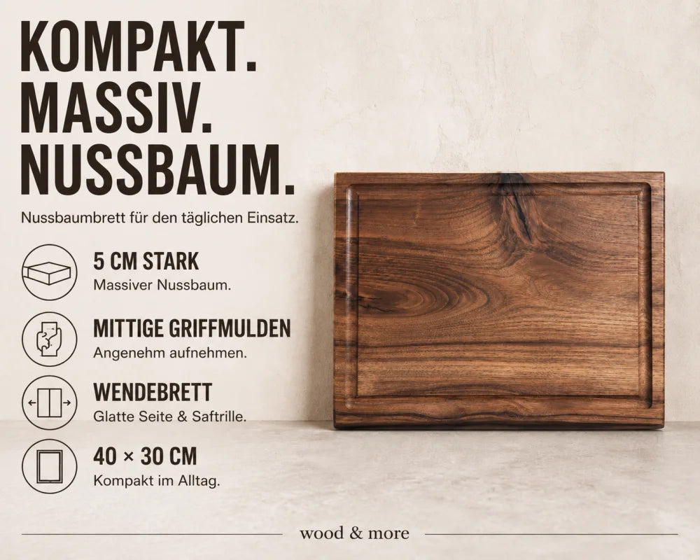 Nussbaum Schneidebrett 40x30x5 cm mit Griffmulden – massives Chefbrett mit Saftrille