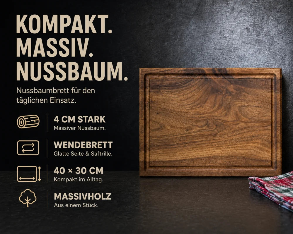 Eiche-Schneidebrett 50 × 40 × 4 cm im Magazin-Stil mit Saftrille, massiver Ausführung und großer Arbeitsfläche.