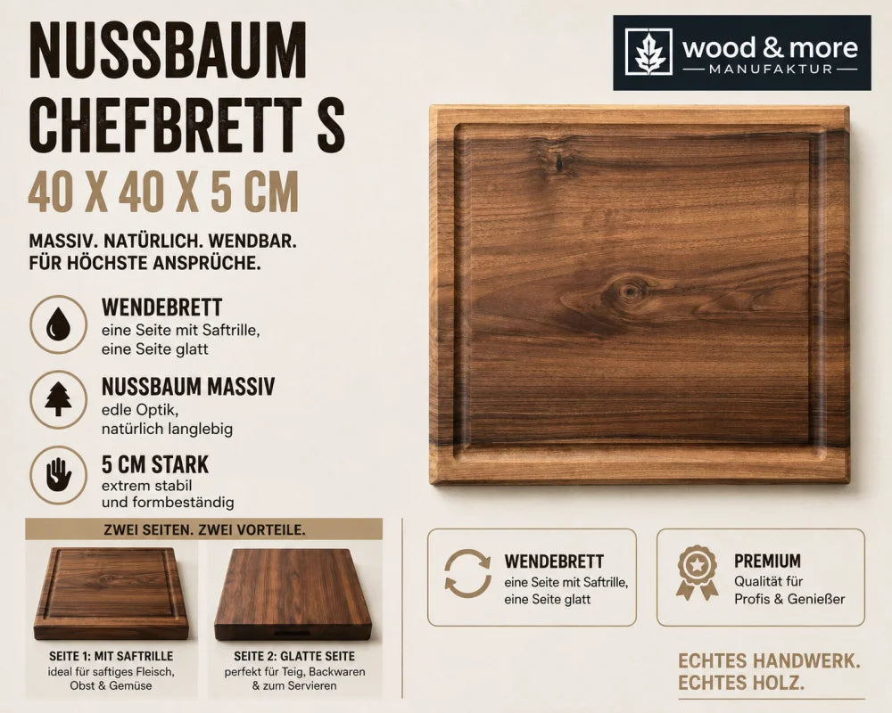 Quadratisches Nussbaum-Schneidebrett 40 × 40 × 5 cm im Magazin-Stil als Wendebrett mit Saftrillenseite und glatter Seite.