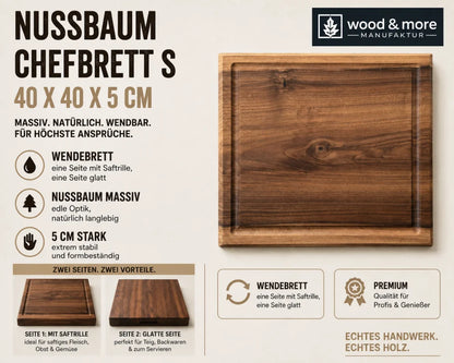 Quadratisches Nussbaum-Schneidebrett 40 × 40 × 5 cm im Magazin-Stil als Wendebrett mit Saftrillenseite und glatter Seite.