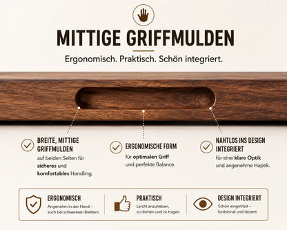 Detailansicht mittiger Griffmulden an einem massiven Schneidebrett für sicheres Anheben, Drehen und Tragen.