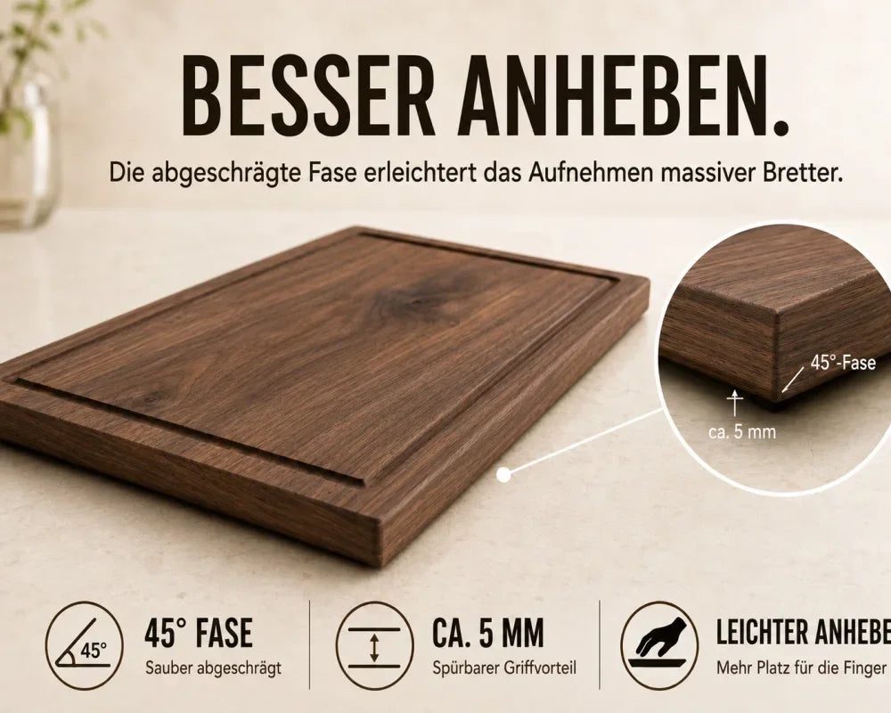 Massives Schneidebrett mit ca. 5 mm breiter 45°-Fase, die das Anheben von der Arbeitsfläche erleichtert.