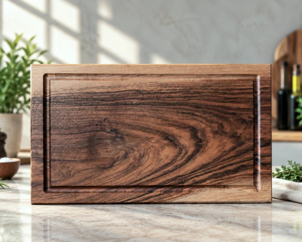 Nussbaum Schneidebrett 50 × 30 × 4 cm aus einem Stück Vollholz mit Saftrille – Gesamtansicht