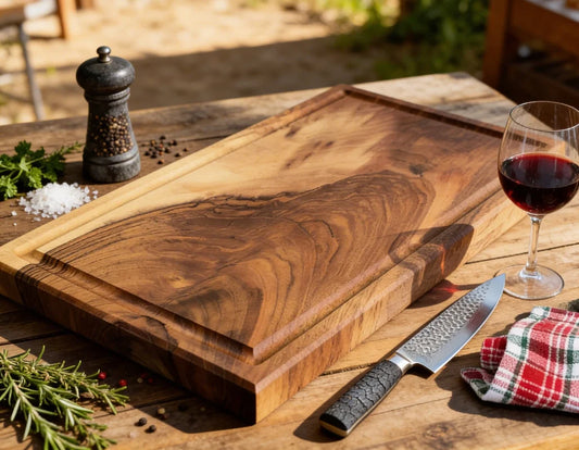 Schneidebrett Nussbaum 50x30x4 cm aus massivem Vollholz mit Saftrille, handgefertigtes Holzbrett für Küche, Grill, Fleisch und tägliche Vorbereitung