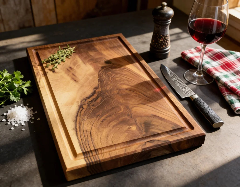 Massives Nussbaum Schneidebrett 50x30x4 cm, hochwertiges Küchenbrett aus Vollholz mit Saftrille für BBQ, Servieren und präzises Arbeiten