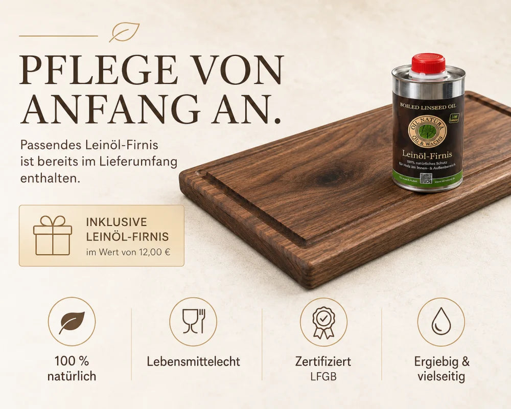 Eiche-Schneidebrett mit im Lieferumfang enthaltenem, lebensmittelecht zertifiziertem Leinöl-Firnis zur Holzpflege
