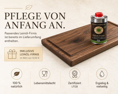 Eiche-Schneidebrett mit im Lieferumfang enthaltenem, lebensmittelecht zertifiziertem Leinöl-Firnis zur Holzpflege