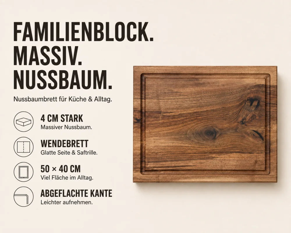 Nussbaum-Schneidebrett 50 × 40 × 4 cm im Magazin-Stil, mit Wendebrett-Funktion, Saftrille, glatter Seite und abgeflachter Kante.