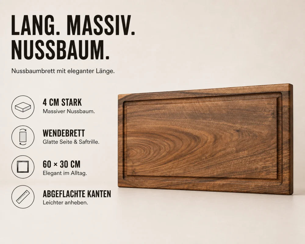 Nussbaum Schneidebrett 60x30 cm – langes Format für schmale Arbeitsflächen