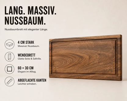 Nussbaum Schneidebrett 60x30 cm – langes Format für schmale Arbeitsflächen