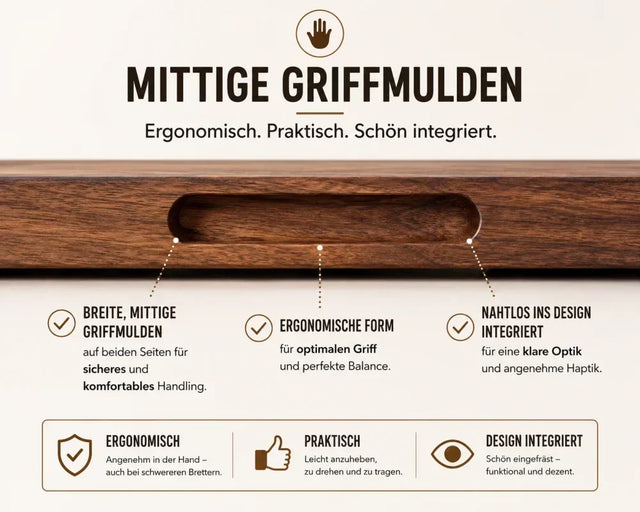 Detailansicht mittiger Griffmulden an einem massiven Schneidebrett für sicheres Anheben, Drehen und Tragen.