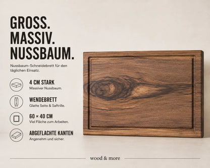 Nussbaum-Schneidebrett 60 × 40 × 4 cm im Magazin-Stil, als Wendebrett mit Saftrillenseite, glatter Rückseite und abgeflachten Kanten.