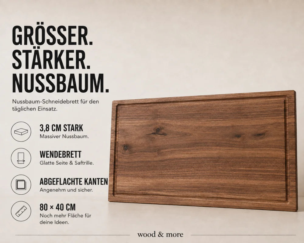 Nussbaum-Schneidebrett 80 × 40 × 3,8 cm im Magazin-Stil, als Wendebrett mit Saftrillenseite, glatter Rückseite und abgeflachten Kanten.