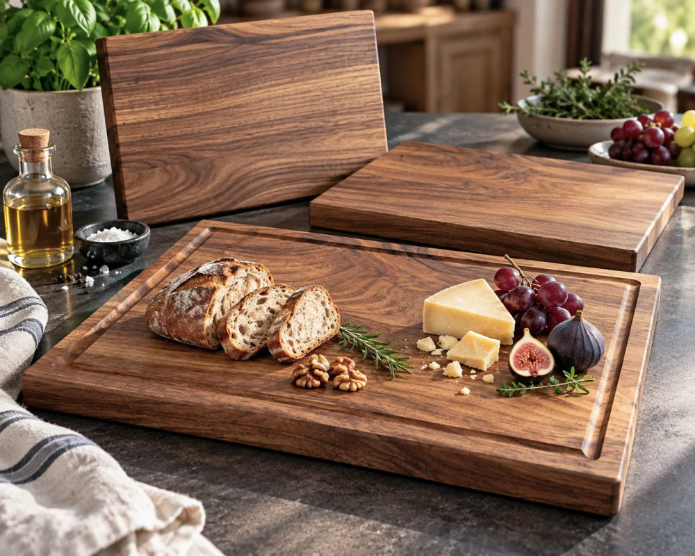 KÜCHENHELD – dreiteiliges Nussbaum-Set aus 40 × 30 cm Hauptbrett und zwei Vesperbrettern für Brotzeit und Servieren