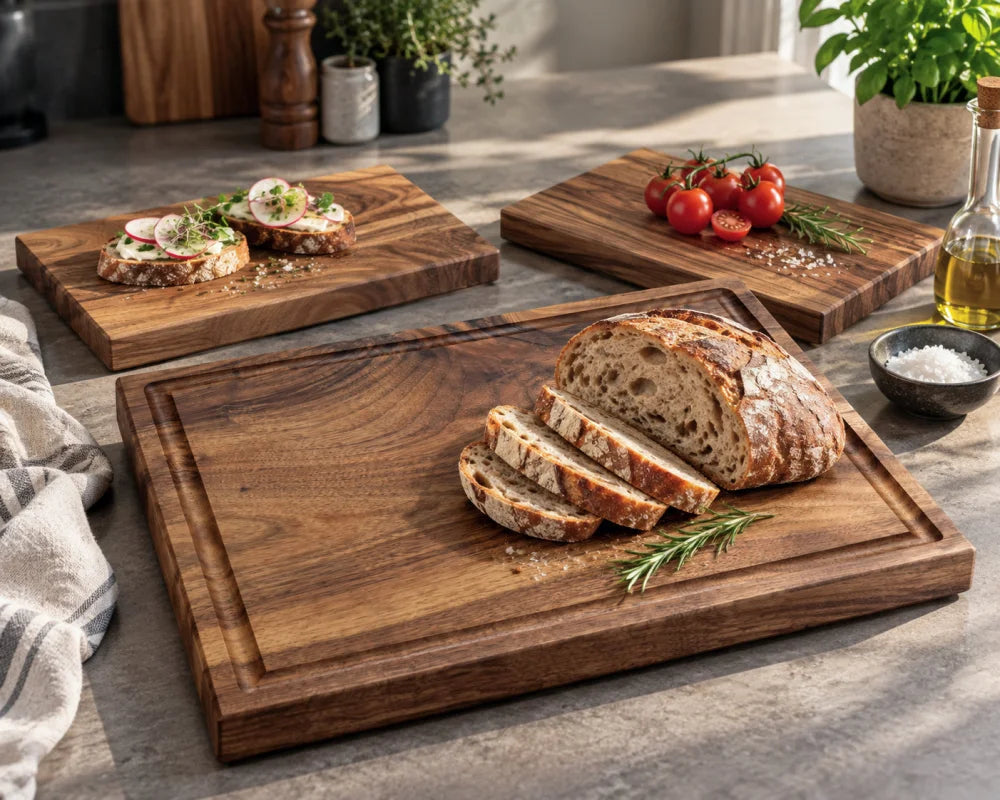 KÜCHENHELD – Nussbaum-Schneidebrett-Set mit Hauptbrett 40 × 30 × 4 cm und zwei Vesperbrettern 30 × 20 cm in natürlicher Küchenszene