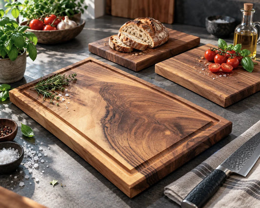 TAFELRUNDE – Nussbaum-Schneidebrett-Set mit Hauptbrett 50 × 30 × 4 cm und zwei passenden Vesperbrettern 30 × 20 cm