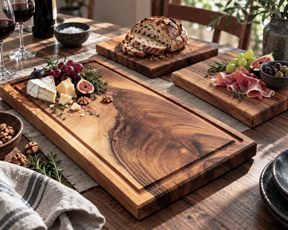 TAFELRUNDE – dreiteiliges Nussbaum-Vollholz-Set 50 × 30 cm mit zwei Frühstücksbrettern, in natürlicher Servierszene
