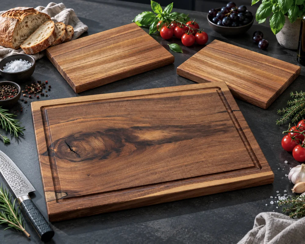 GASTGEBER – dreiteiliges Nussbaum-Brett-Set für BBQ und Servieren, Hauptbrett 60 × 40 × 4 cm mit zwei kleinen Brotzeitbrettern