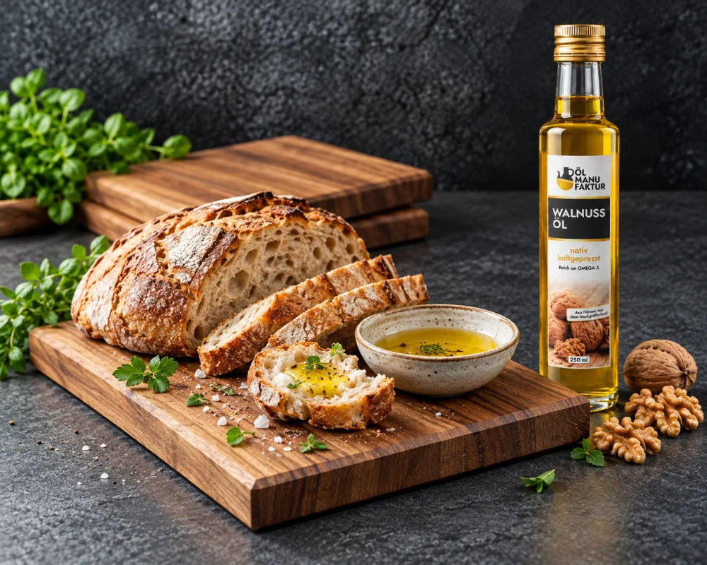Nussbaum-Vesperbrett mit aufgeschnittenem Brot, Walnussöl-Flasche und Zutaten – Geschenkset für Brotzeit und Genuss
