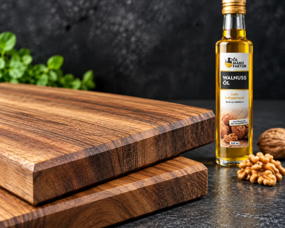 Detailansicht der massiven Nussbaum-Bretter mit natürlicher Holzmaserung, daneben die Flasche Walnussöl