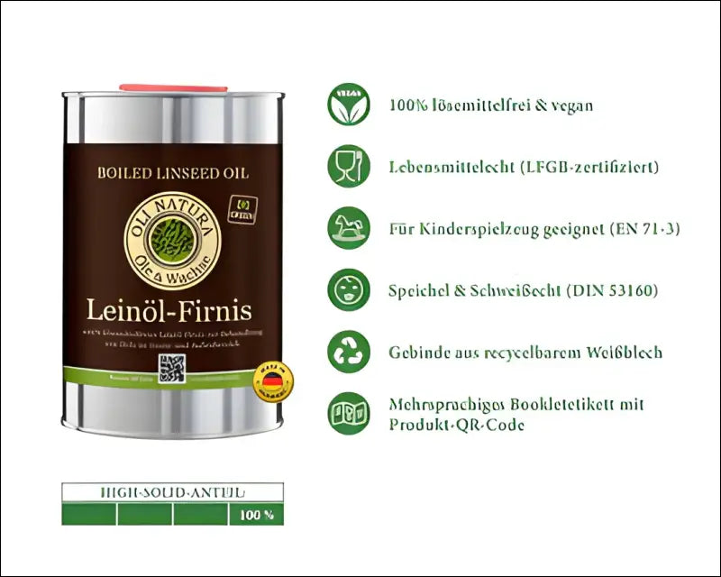 Metallkanne mit OLI-NATURA Leinöl-Firnis, biologischer Holzschutz, grüne Zertifizierung