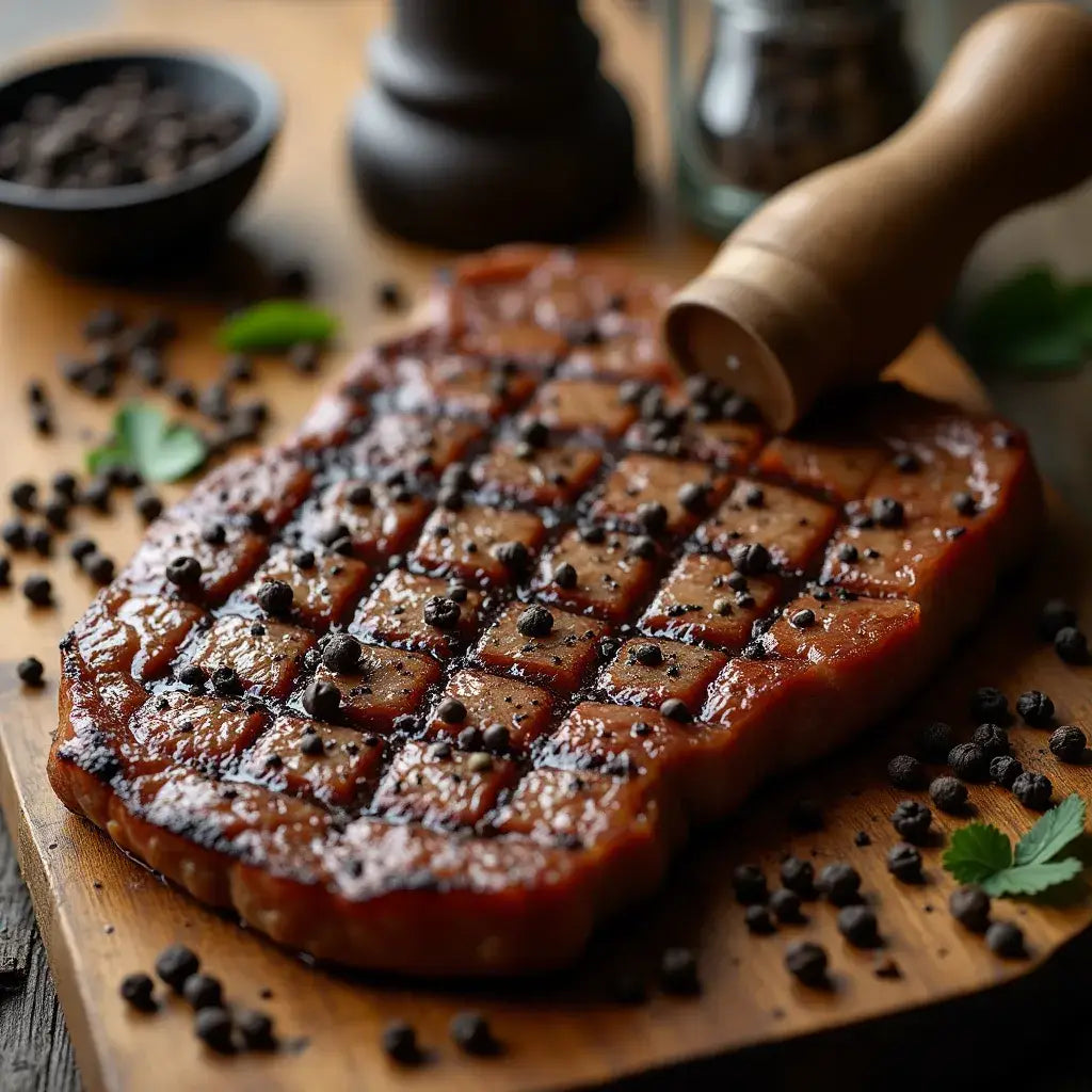 Steak grillé avec du poivre fraîchement moulu sur du bois d'orme – fait à la main.