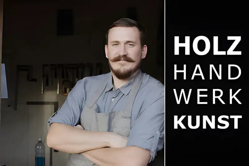 Craftsperson in apron and handlebar mustache promotes OLI-NATURA Leinöl-Firnis