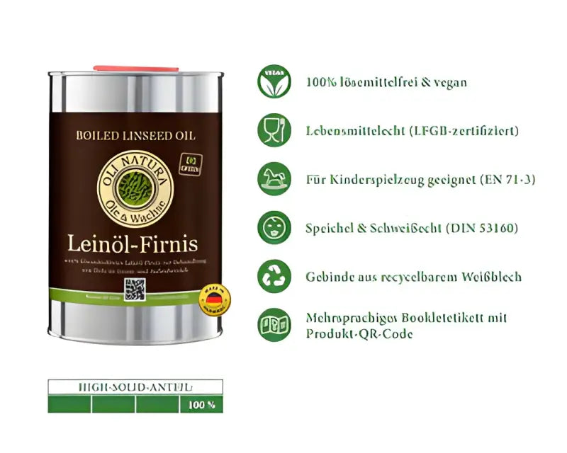 Metalldose von OLI-NATURA Leinöl-Firnis mit grünen Zertifizierungssymbolen für biologischen Holzschutz