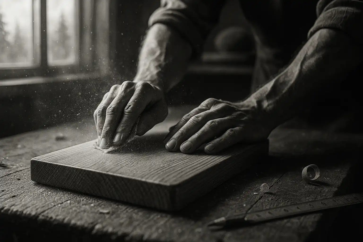 Handarbeit: Holzbrett wird fein geschliffen