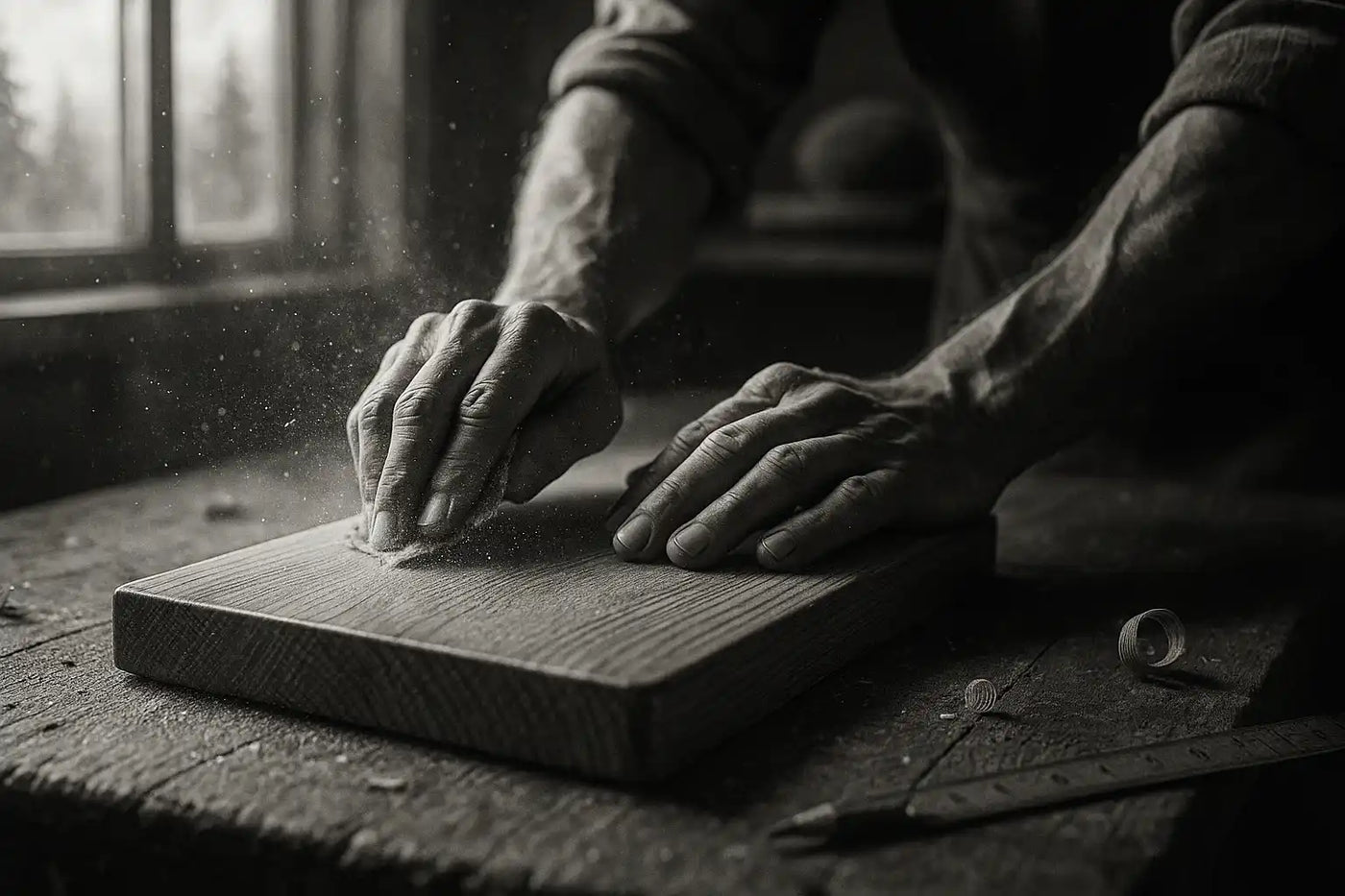 Handarbeit: Brett wird fein geschliffen – Manufaktur-Finish