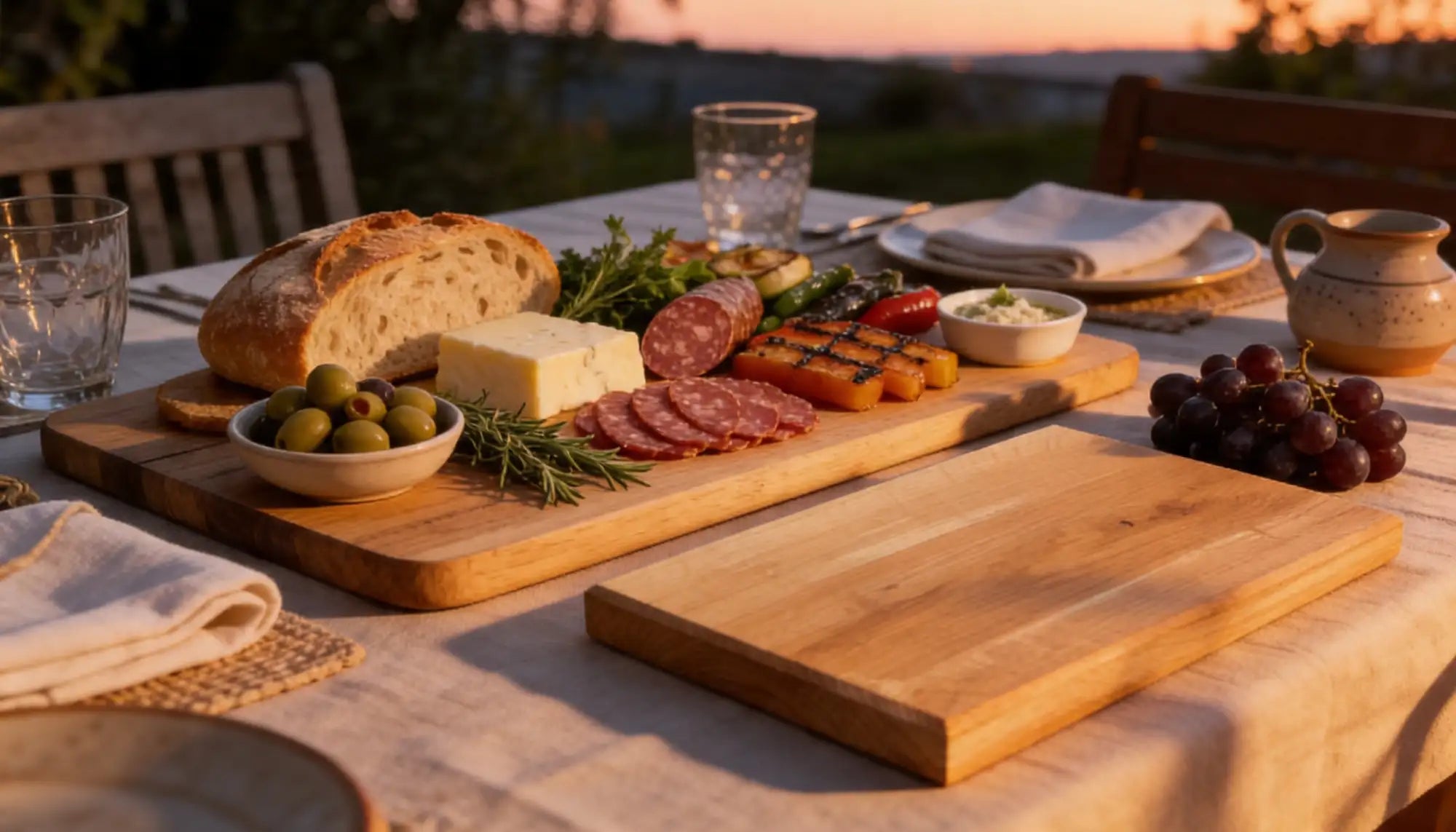 Ein rustikales hölzernes Schneidebrett mit natürlicher Maserung, das eine Auswahl an Käsesorten, gepökeltem Fleisch, Oliven und frischen Kräutern trägt.