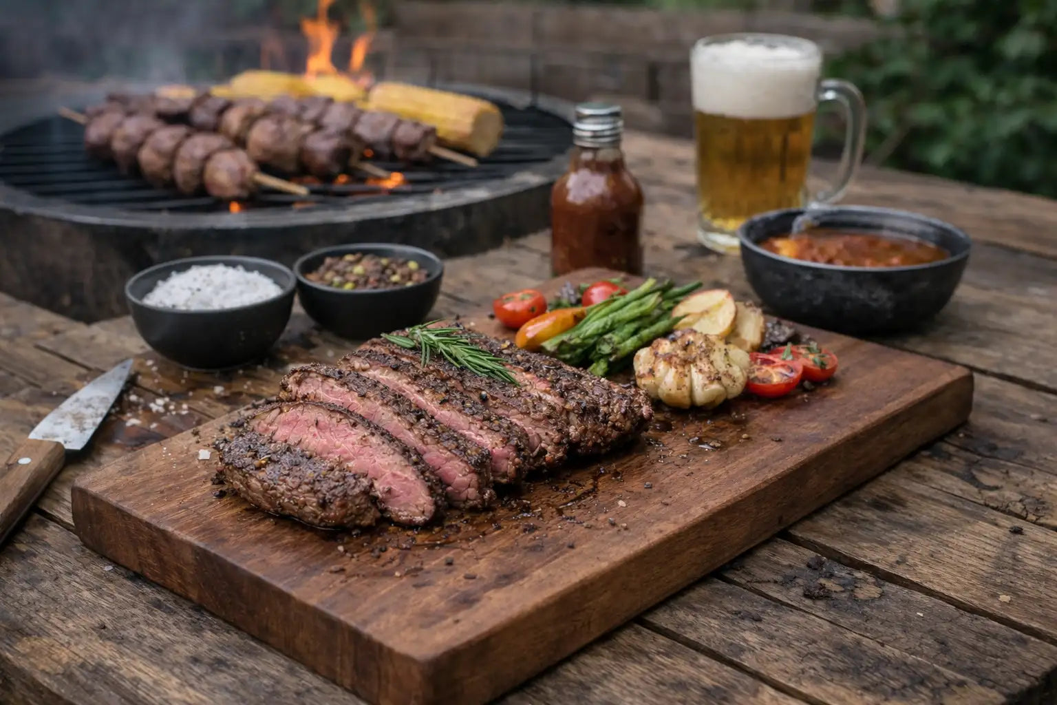 Ein saftiges, medium-rare geschnittenes Steak ruht auf einem rustikalen hölzernen Schneidebrett.