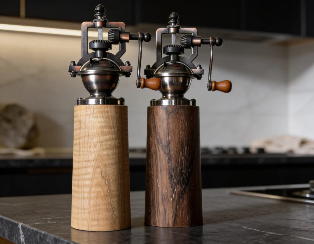 Salz & Pfeffermühle aus Esche und Nussbaum, mit einstellbarem Keramikmahlwerk