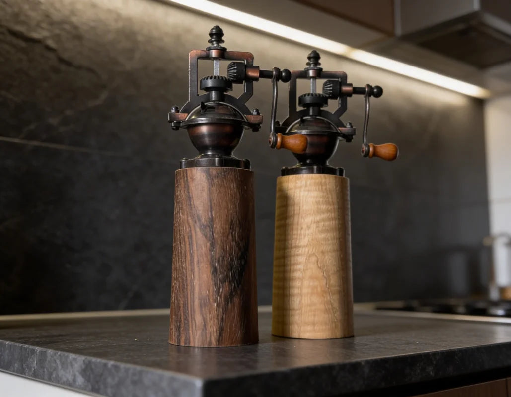 Salz & Pfeffermühle aus Esche und Nussbaum, mit einstellbarem Keramikmahlwerk
