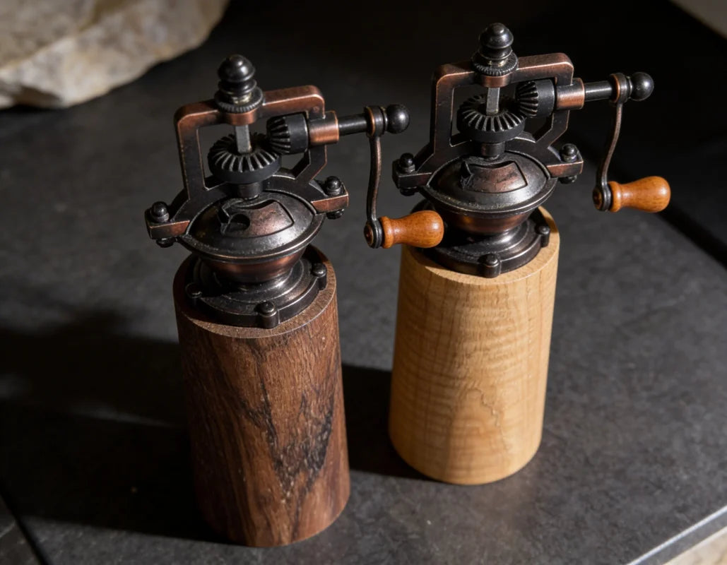 Salz & Pfeffermühle aus Esche und Nussbaum, mit einstellbarem Keramikmahlwerk